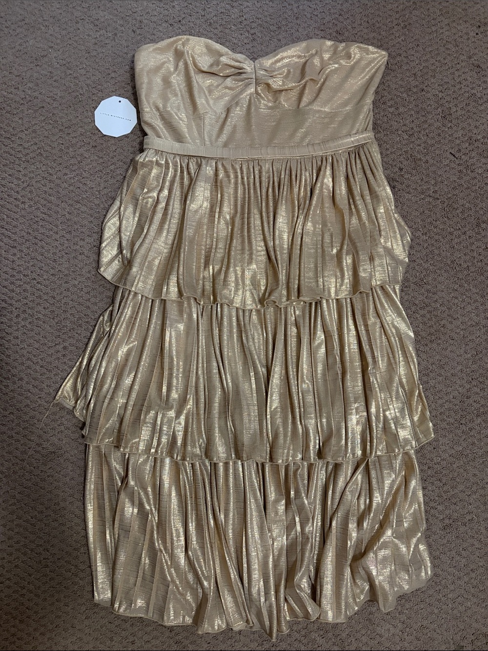 Little Mistress Metallic Gold Strapless Tiered Party Dress